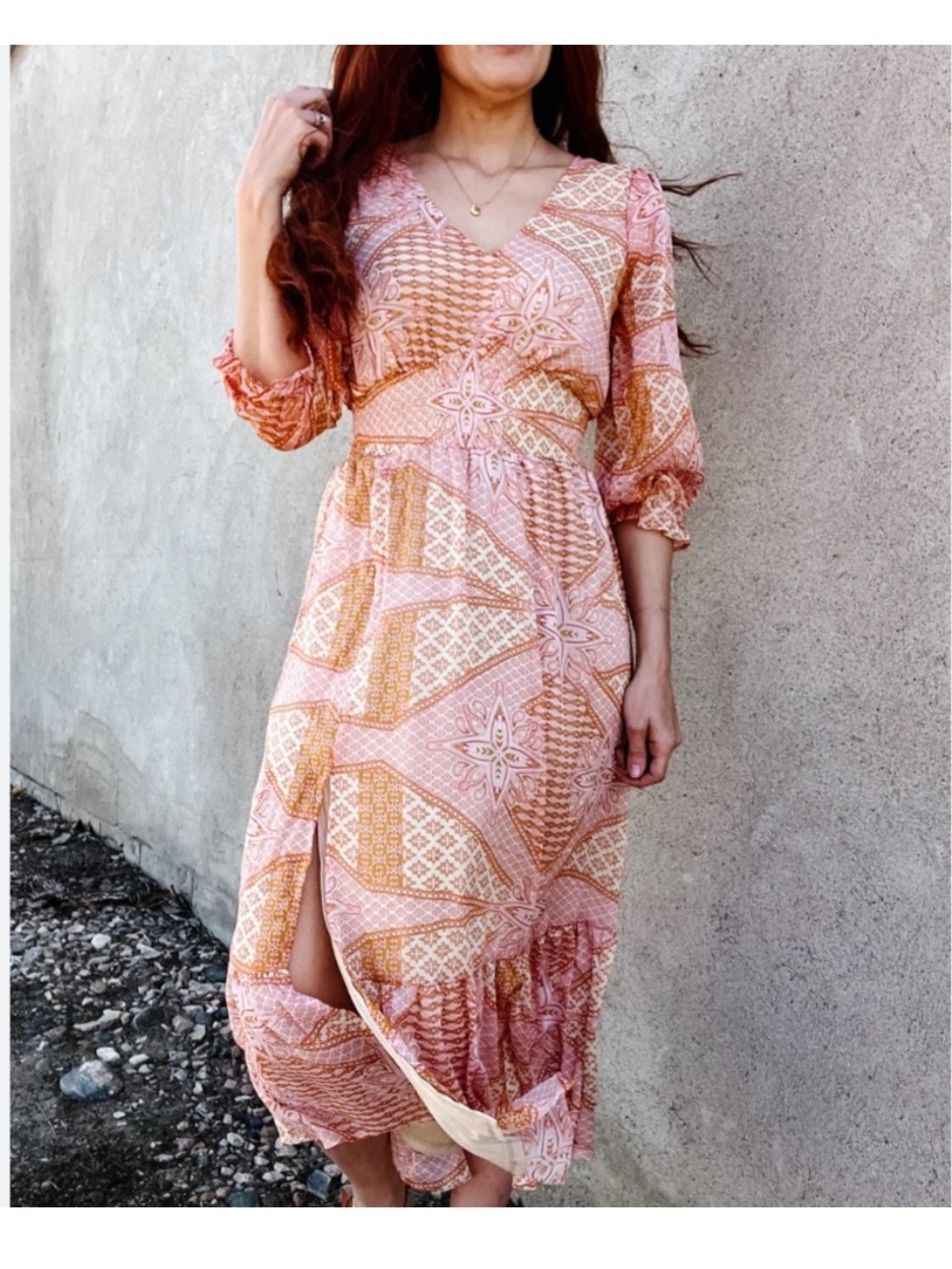 Dex Pink & Peach Patterned V-Neck Maxi Dress